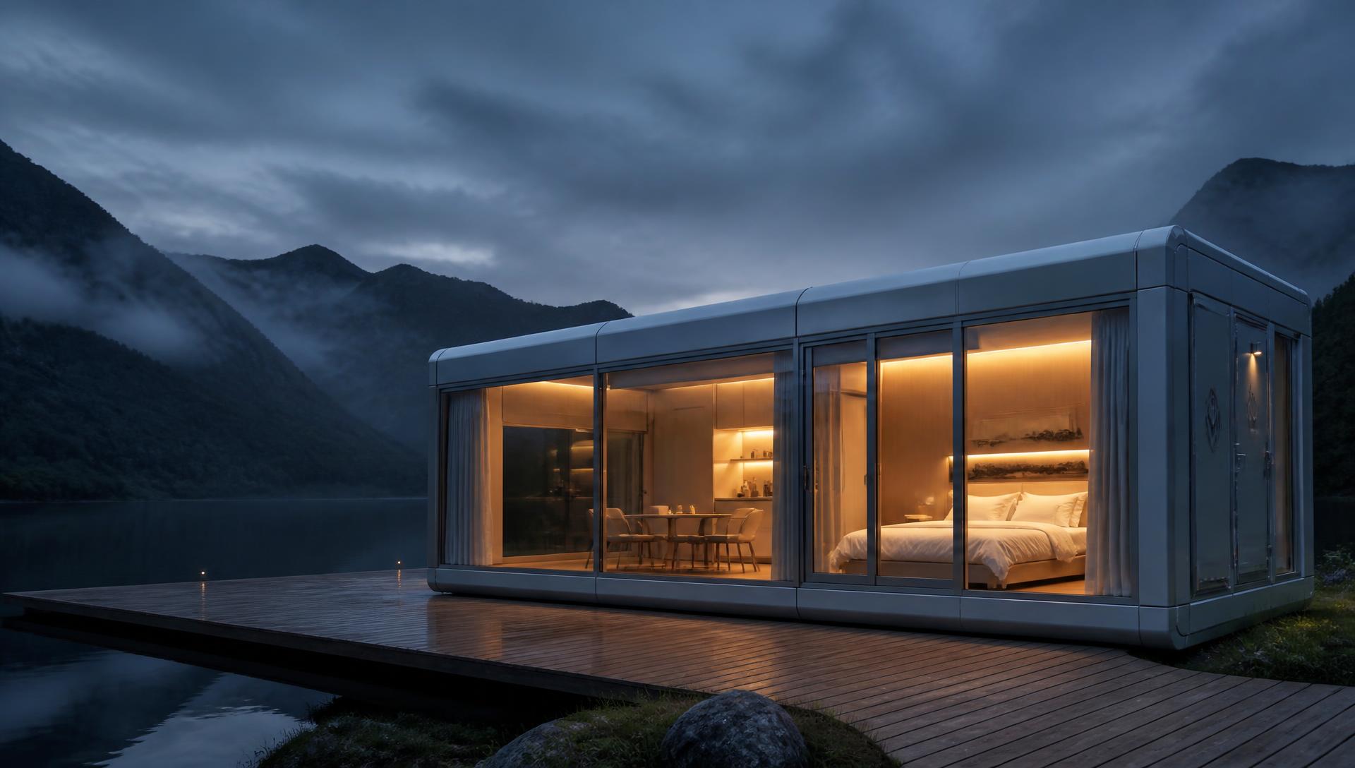 Panoramic modular habitat unit lit at dusk beside a mountain lake